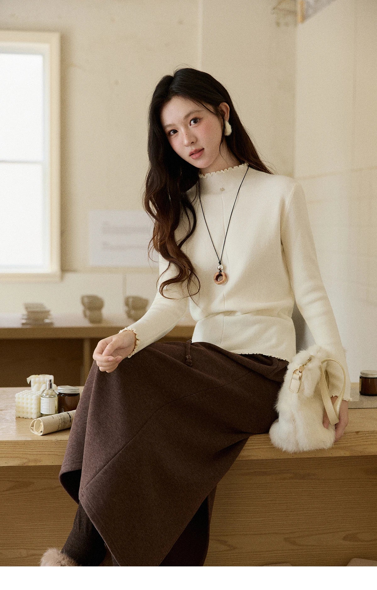 MISHOW Women's Knitted Long-Sleeved Top 2025 Winter Solid Slim Fit Ruffled Turtleneck Sweater Warm Soft Commuting Top MXE91Z2826