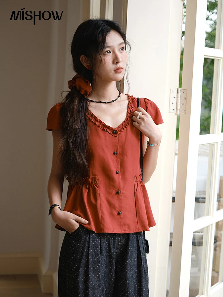 MISHOW Women's Summer Clothes 2025 Fashion Mushroom Edge V-neck Blouse Office Lady Casual Short Sleeve Button Top MXE38X1867