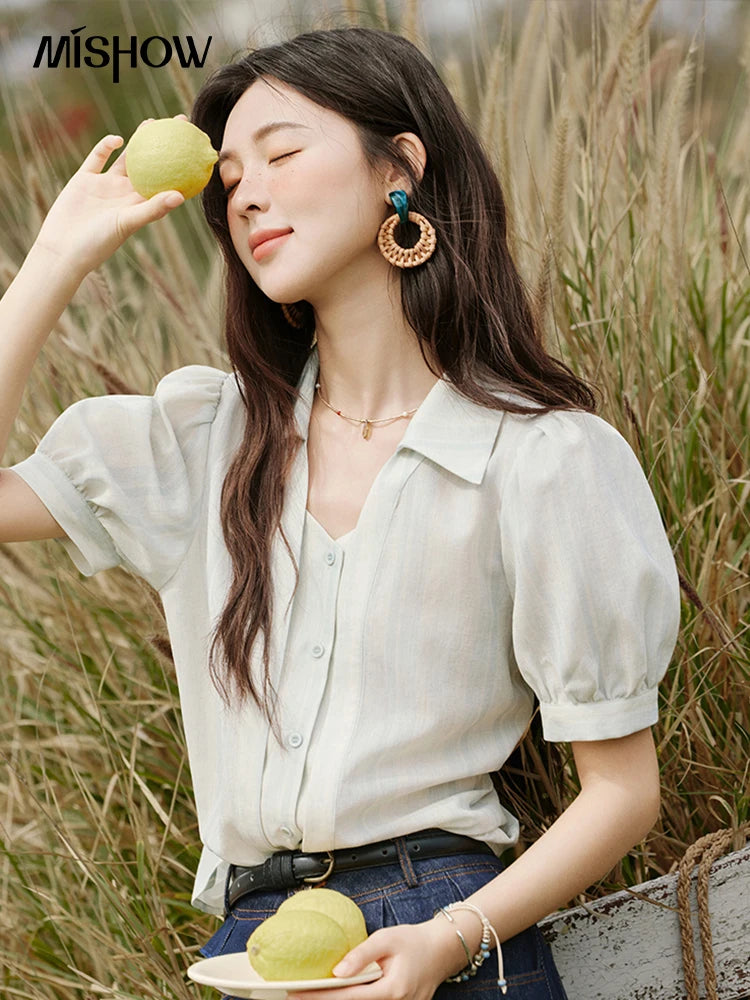 MISHOW French Summer Blouses Women New 2025 Solid Short Sleeve Turn-down Collar Slimming Shirts Female Straight Thin MXE33C0782