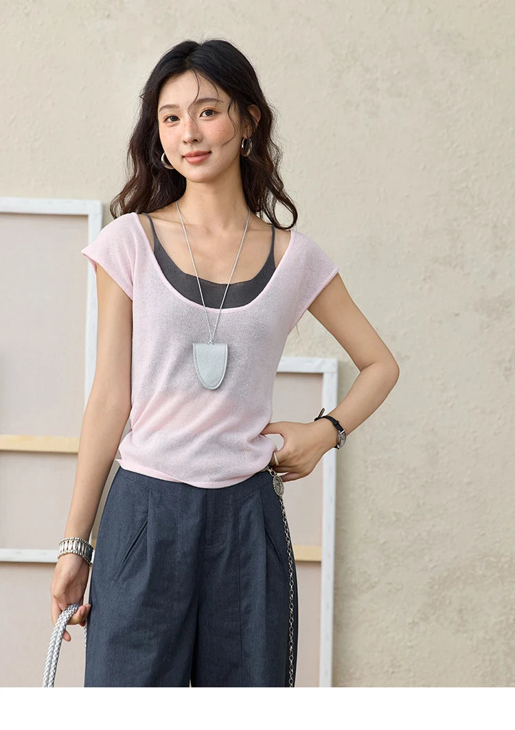 MISHOW Women's Linen Short Sleeve T-shirt 2025 Summer Contrast Color Fake Two-piece Knitted Top Thin Cool Casual Tees MXE36Z1277