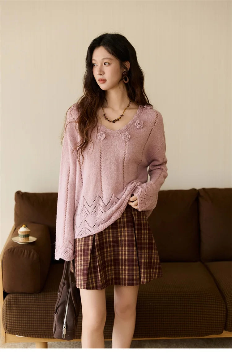 MISHOW Elegant Women's Sweaters 2025 Autumn Purple Hollow Out Wave V-neck Crochet Design Knitted Top Casual Pullovers MXE45Z1391