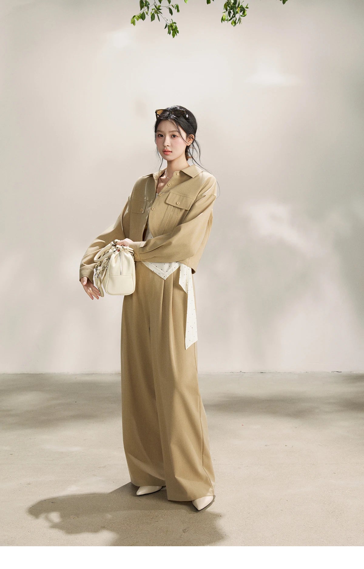 MISHOW Women's Khaki Three-Piece Set Spring Cropped Lapel Short Jacket Irregular Polka Dot Vest Wide Leg Pants Set MXF13T1478