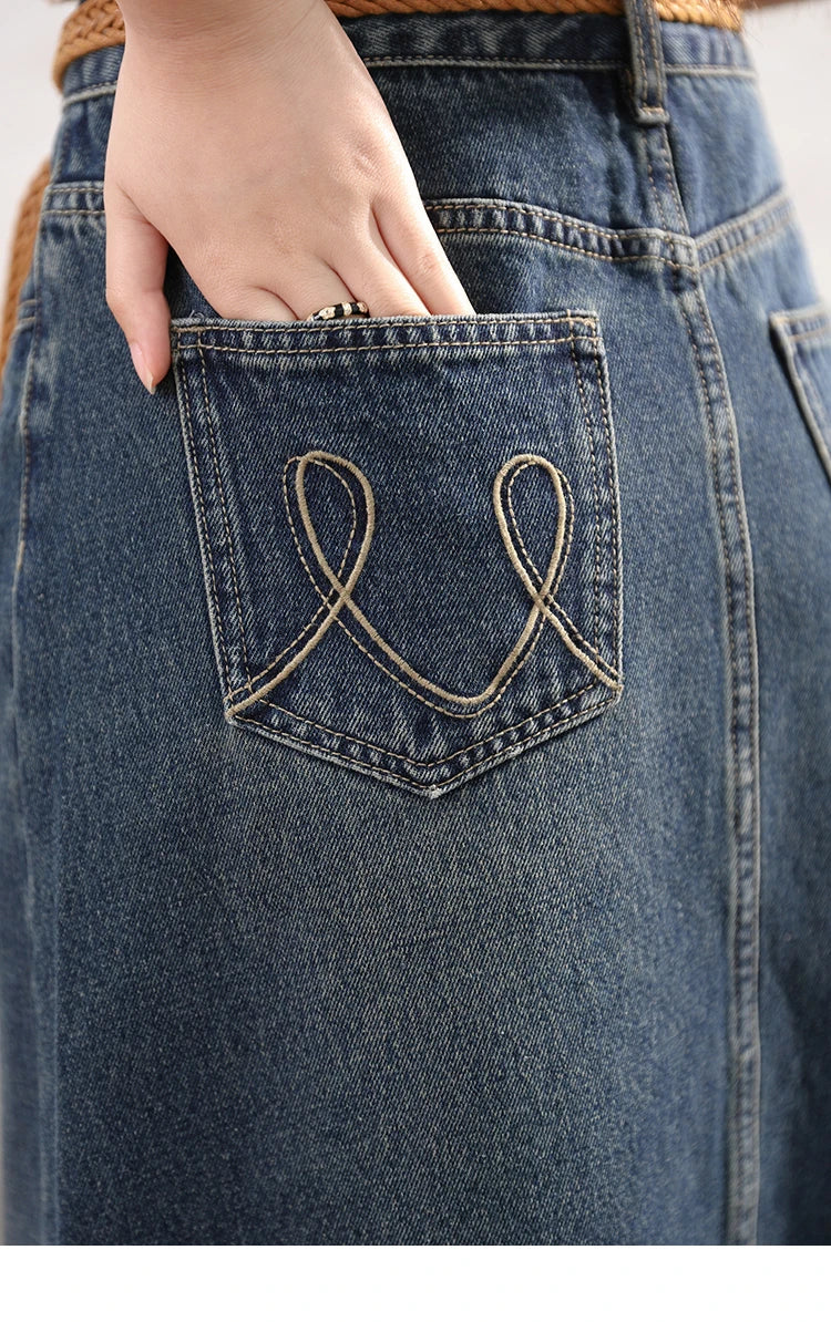 MISHOW Denim Fishtail Skirt 2024 Summer Retro Casual Love Embroidered Pockets Skirt A-line Umbrella Knee-Length Skirt MXD28B0414