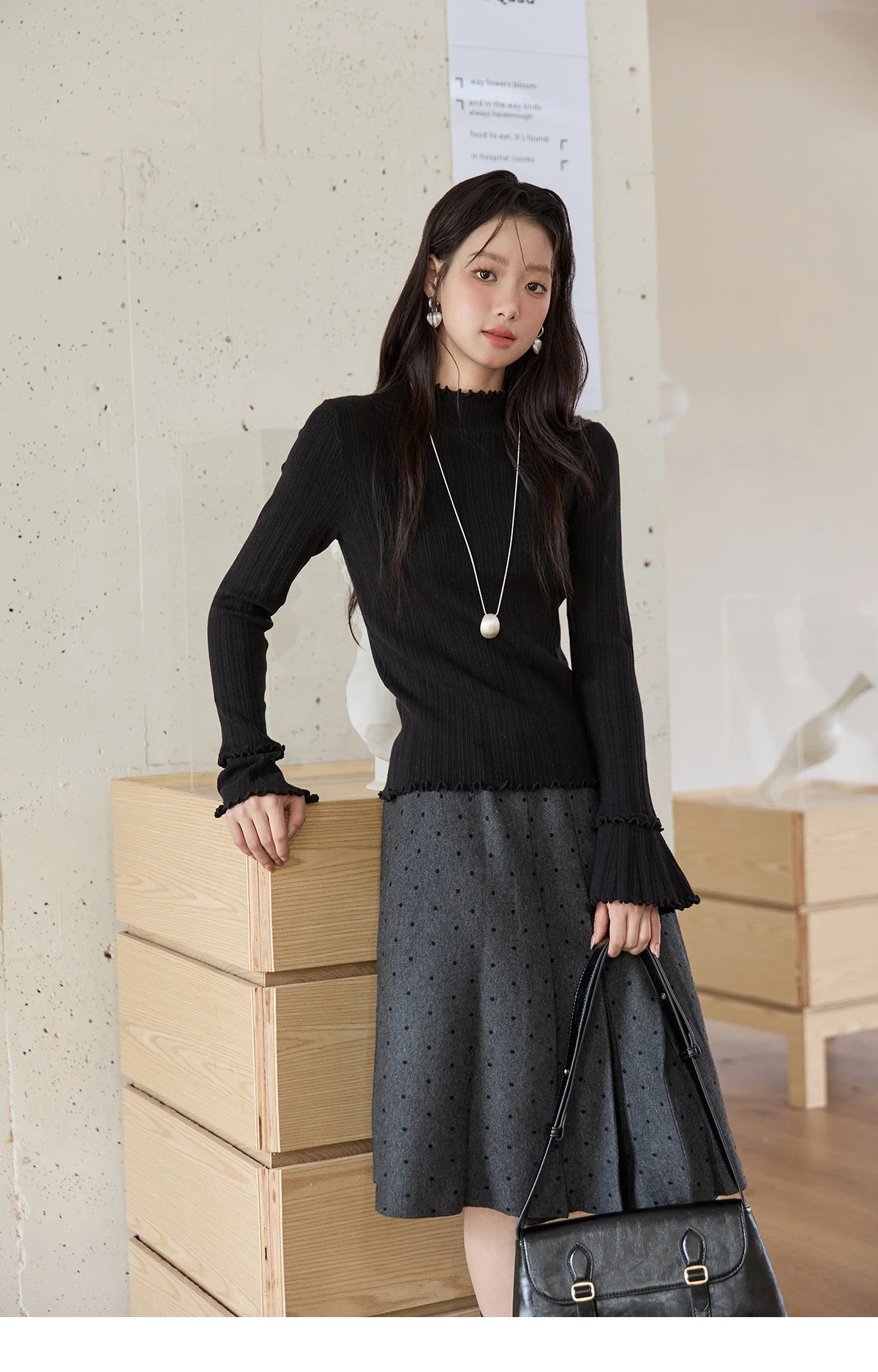 MISHOW Women's Long Sleeve Top 2025 Autumn New Casual Solid Turtleneck Slim Knit Wood Ear Edge Trumpet Sleeve Top MXE51Z2552