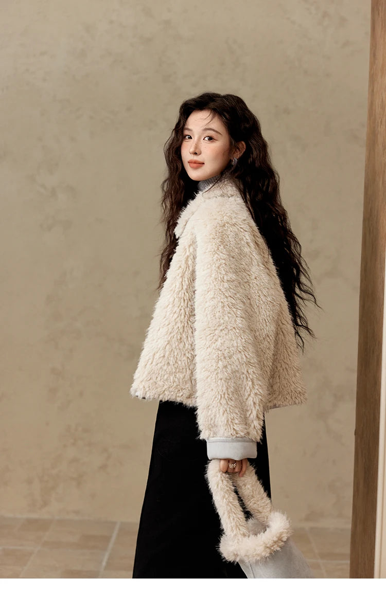 MISHOW Lamb Wool Jacket Women Suede Plush Thick Coat Spliced Turn-Down Collar Sweet Soft Senior Jacket Office Lady MXD59W0753