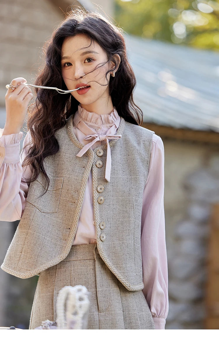 MISHOW Korean Woolen Texture Vest Short Skirt Separately Spring Outfit V-neck Vest Coats Slim A-line Pleated Skirts MXE13W0708