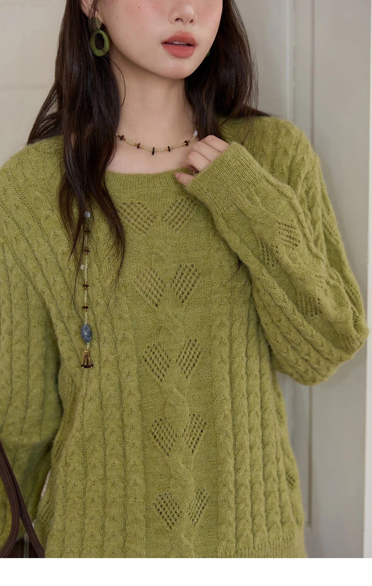 MISHOW Sweater for Woman 2025 Autumn Winter Green Retro Twisted Rope Hollow Design Loose Knit Top Luxury Commuter MXE49Z2520