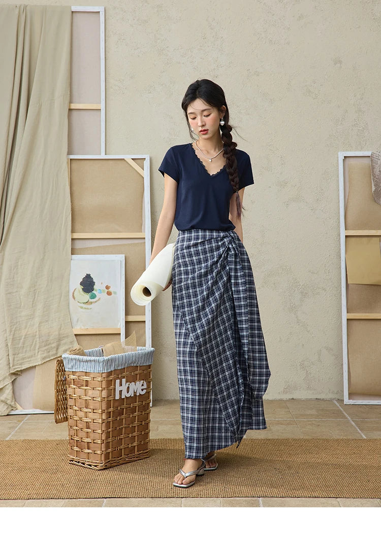 MISHOW Women's Short Sleeve T-shirt 2025 Summer Office Lady Fashion V-neck Spliced Lace Casual Tee Female Clothing MXE36T0644