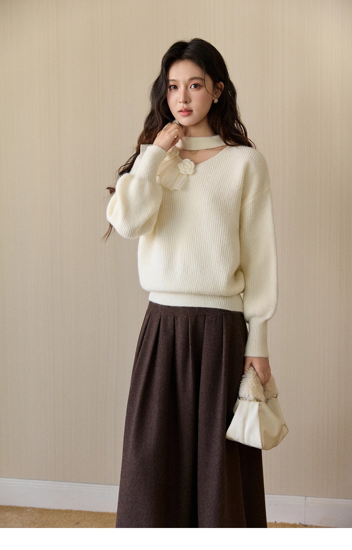 MISHOW Women's Cutout Neck Knitted Sweater 2025 Winter Ruffle Flower Decor Dropped Lantern Sleeves Pullover Tops MXE94Z2982