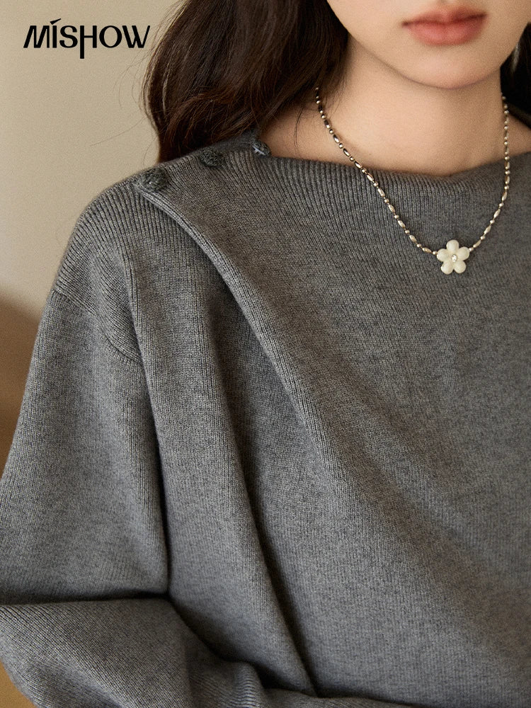 MISHOW Woman Gray Top 2025 Autumn French-style Diagonal Placket Knit Sweater Casual High-end Loose Pullover Woman MXE86Z2744