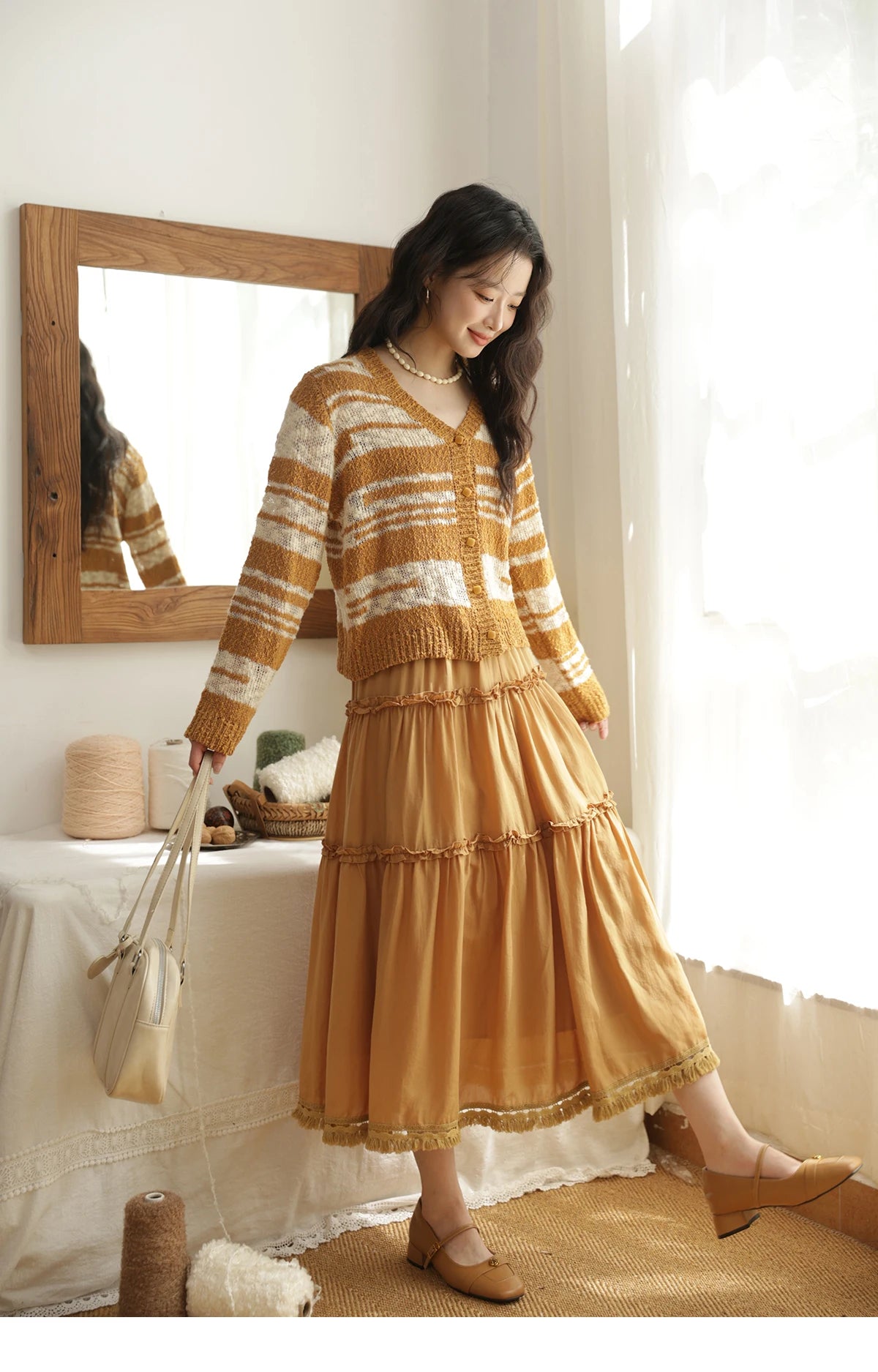 MISHOW Women's Striped Cardigan 2025 Autumn New Retro Yellow V-neck Long Sleeves Single-breasted Short Sweater Coats MXE44Z2516