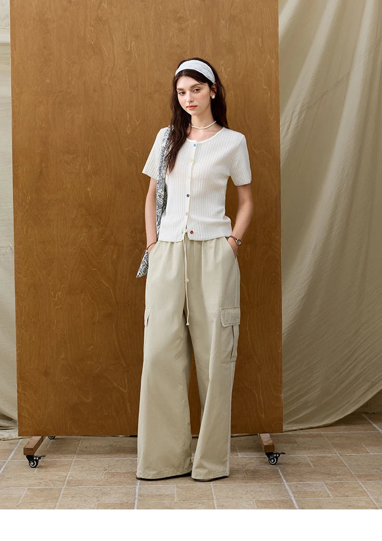 MISHOW Apricot Cargo Pants for Women in Summer 2025 Lace Patchwork Casual Pants Drawstring Elastic Waisted Trousers MXE33K0935