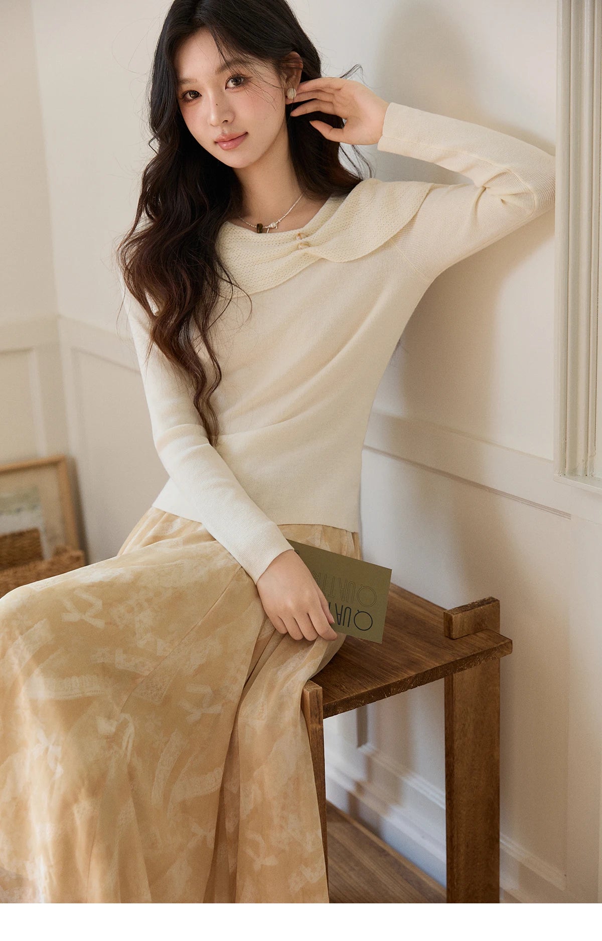 MISHOW Women's Beige Wool Blend Knit Sweater 2026 Spring Asymmetrical Collar Long Sleeve Top Slim Casual Thin Sweater MXF11Z2918