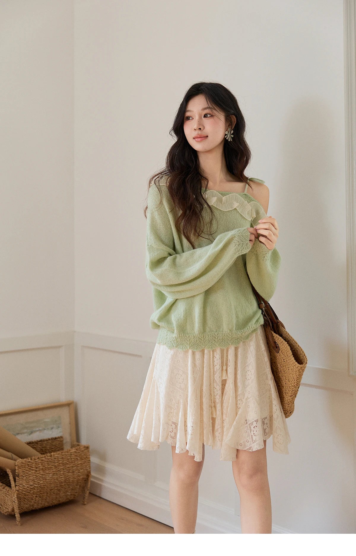 MISHOW Women's Beige Apricot Lace Midi Skirt 2026 Spring High Waist Flowy A-Line Skirts Irregular Romantic Skirt MXF108B0768