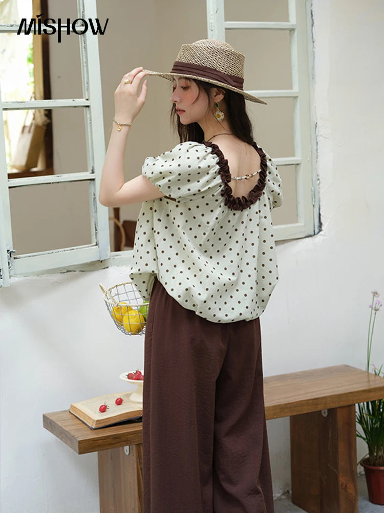 MISHOW 2025 Summer Women's Two Piece Set Polka Dot Puff Sleeve Top Casual Pocket Wide Leg Pants Set Female Clothing MXE39T0657