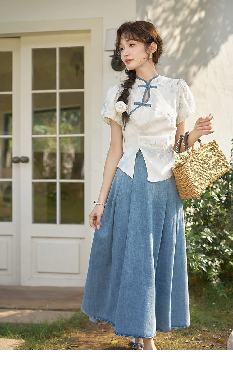 MISHOW Chinese Embroidered T-shirt High Waist Skirt Separately Summer 2024 Short Sleeve Split Hem Tops Denim Skirts MXD28X1604