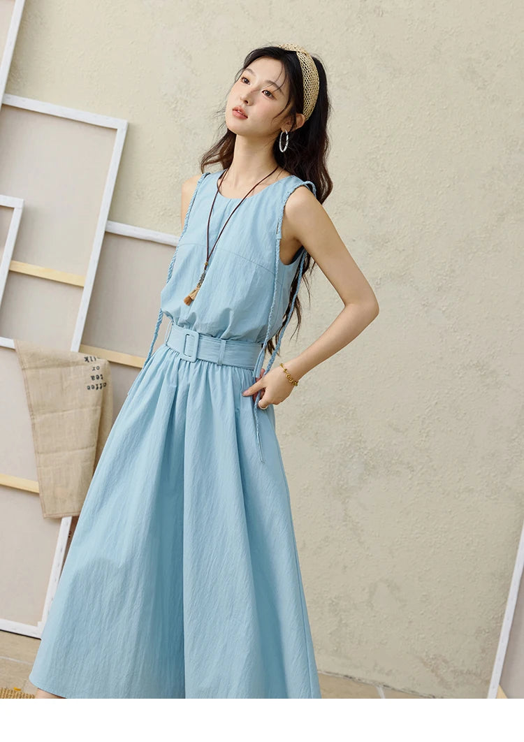 MISHOW Women's Vest Dress 2025 Summer Hand Woven Fried Dough Twists Waist Belt Slim Long Dress A-line Vacation Dress MXE34L2223