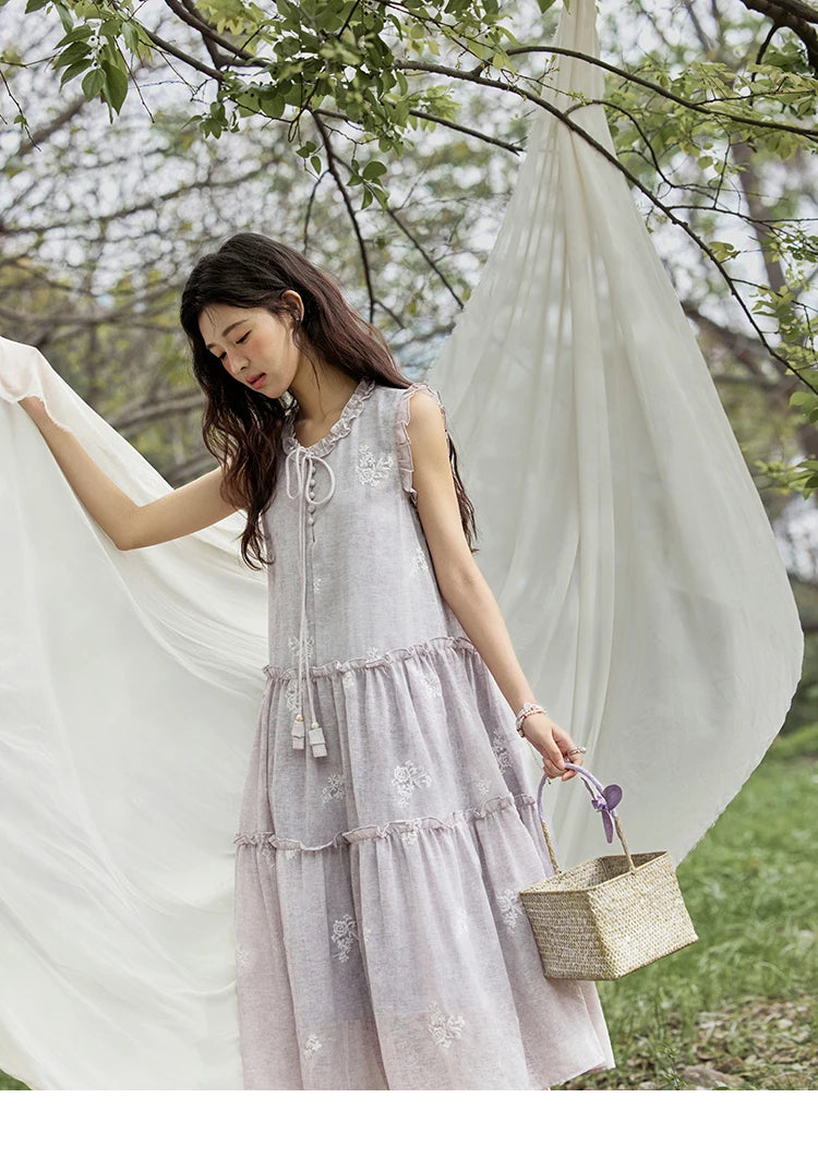 MISHOW Summer Embroidered Dress for Women 2025 New Round Neck Ruffled Sleeveless A-line Midi Dresses Female Fashion MXE33L2231