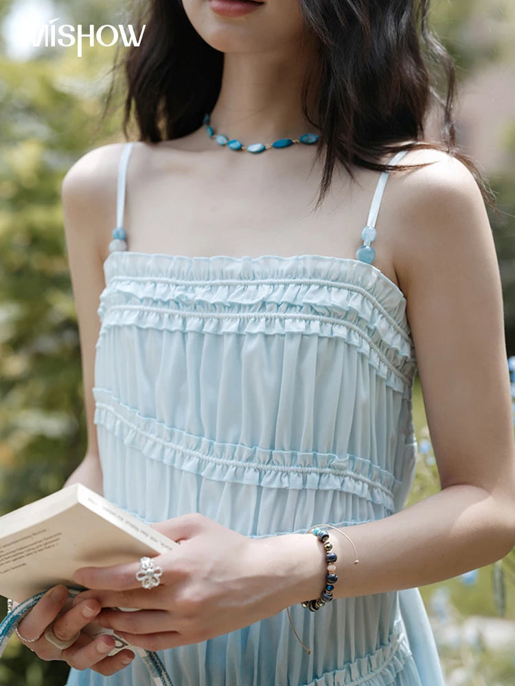 MISHOW Female Fashion Gradient Strap Dress 2025 Summer Sleeveless Black Fungal Edge Sashes Women's Vacation Dresses MXE34L2242