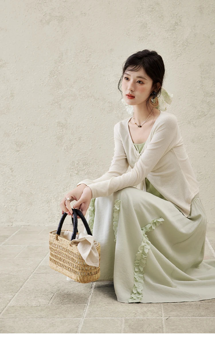 MISHOW Women's Fake Two Patchwork Knitted Spring 2025 Contrast Drawstring Strap Lace-up Tops Retro V-neck Thin Top MXE15Z1185