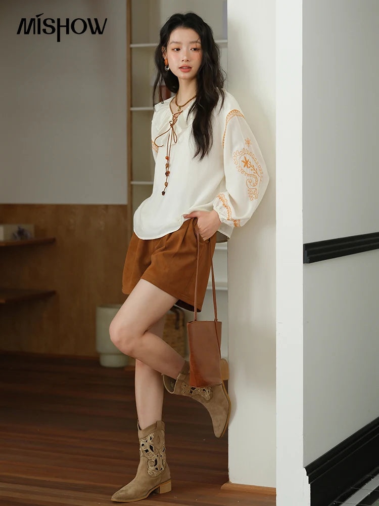 MISHOW Cashew Flower Embroidered Blouse Autumn 2025 Ruffle V-neck Lace Up Tops 100 Lyocell Lantern Sleeves Blouses MXE43X1987