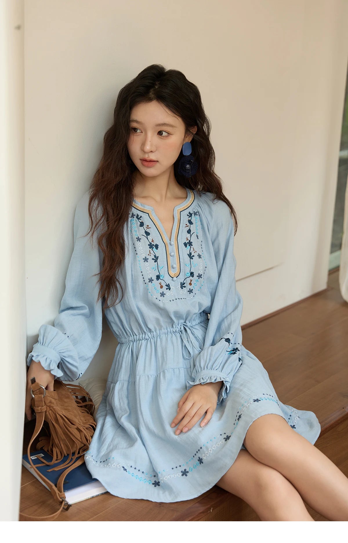 MISHOW Woman Long Sleeve Dress Autumn Elegant V-neck Embroidered Drawstring Waist Dress A-line Bohemian Midi Dresses MXE44L2489
