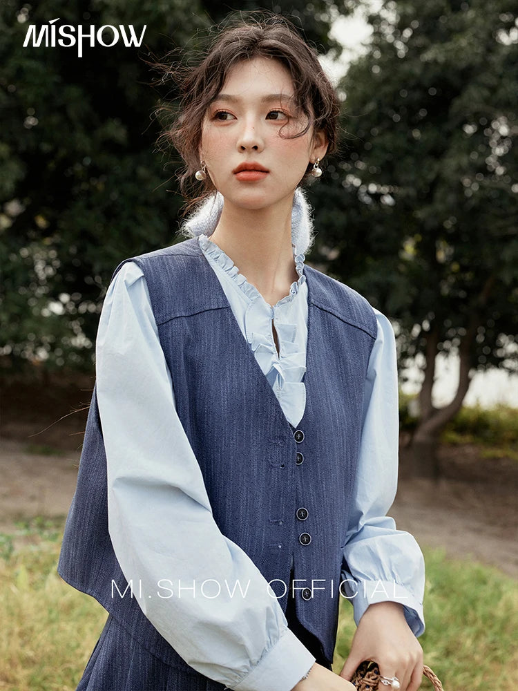 MISHOW Women's V-neck Vest Coat Pleated Skirt Set Spring 2025 Symmetric Fake Pocket Coat A-line Skirts (No with Belt) MXE31T0505