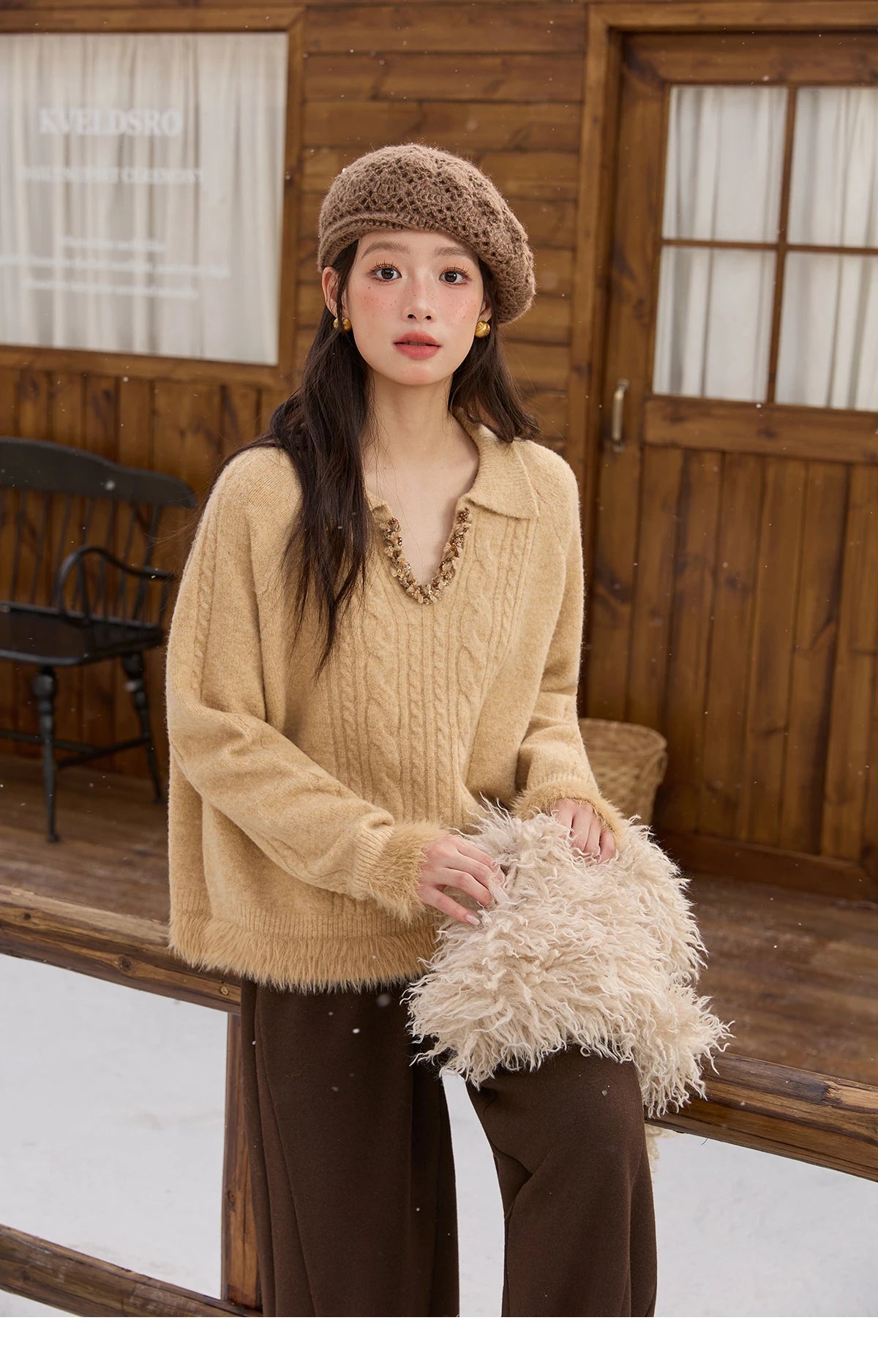MISHOW Yellow Knitted Sweater for Women 2025 Winter New Long Sleeves Cable Plush Hem Stitching Casual Sweater Luxury MXE88Z2674