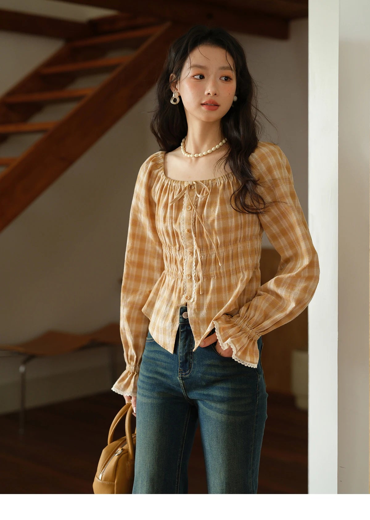 MISHOW Yellow Plaid Blouse for Women 2025 Autumn Korean Waist Square Neck Top Cuff Patchwork Lace Puff Sleeve Blouses MXE43X1986