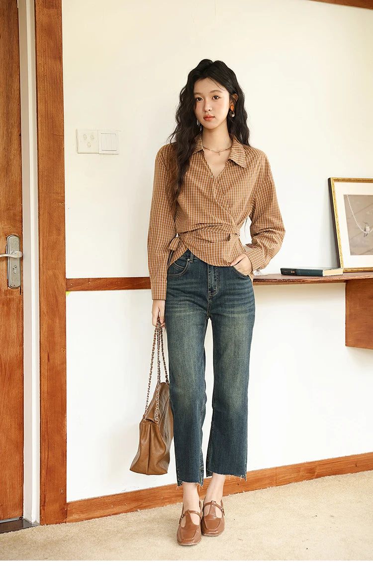 MISHOW Women's 100 Cotton Dark Orange Plaid Shirt Autumn Design Side Waist Lace-up Long Sleeved Shirts Office Lady MXE46X2494