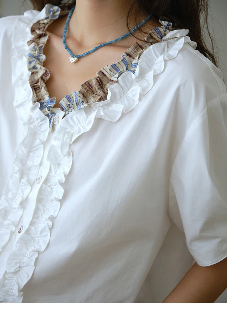 MISHOW Fashion V-neck Shirt for Women Summer 2025 Thin Short Sleeve Patchwork Double Layer Fungus Edge Button Top MXE35X1793