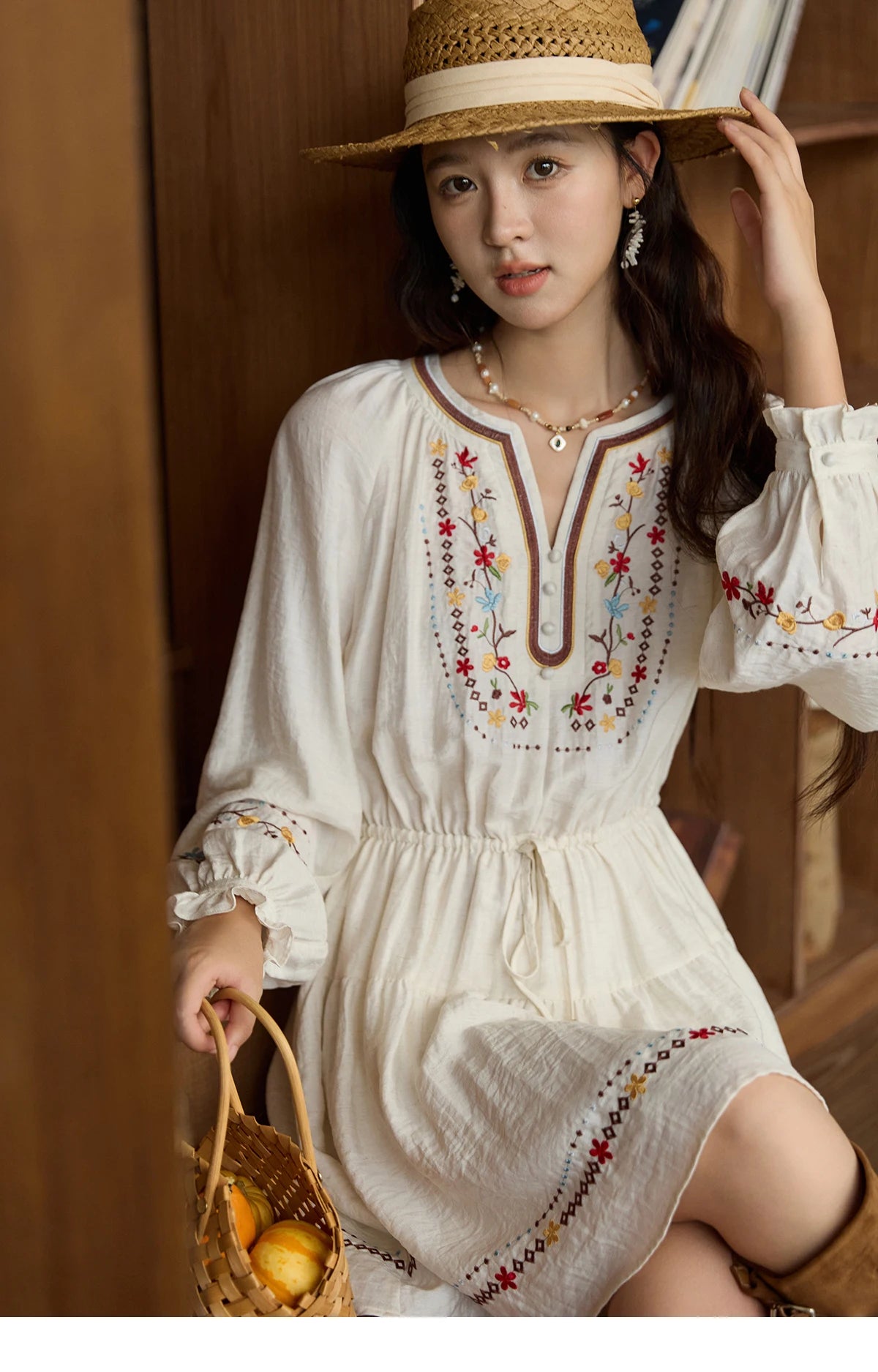 MISHOW Woman Long Sleeve Dress Autumn Elegant V-neck Embroidered Drawstring Waist Dress A-line Bohemian Midi Dresses MXE44L2489