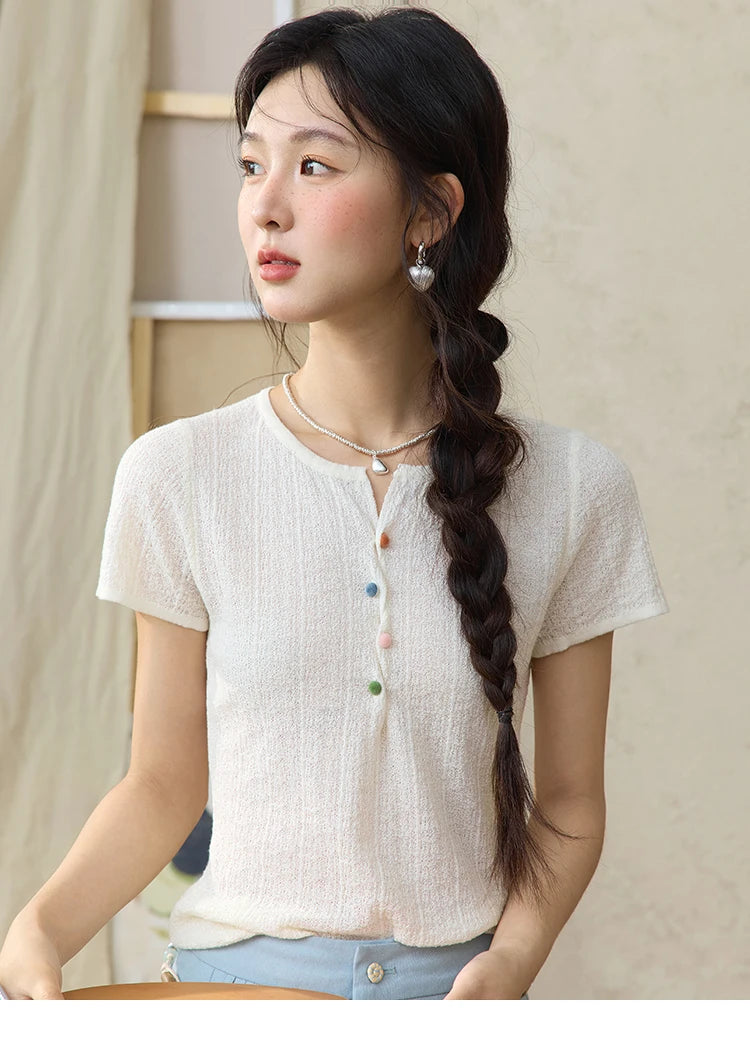 MISHOW Short Sleeved Knitted T-shirt for Women Summer 2025 Twisted Design Dopamine Button Tees Slim Breathable Top MXE34Z1243