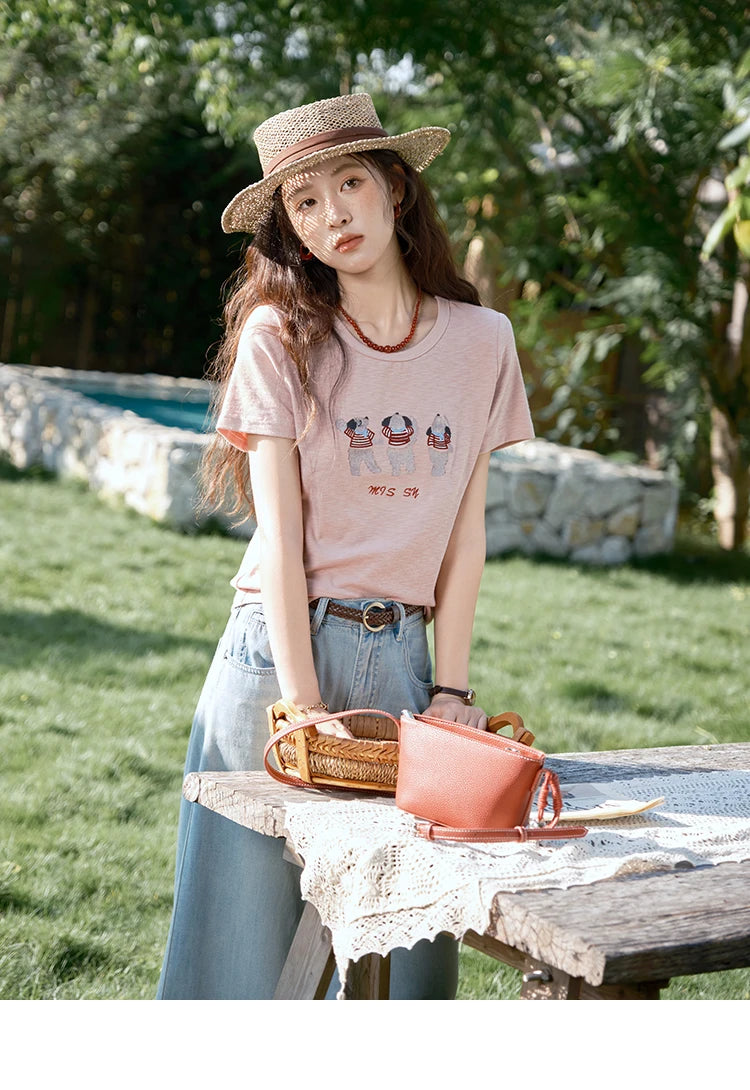 MISHOW Short Sleeve Little Bear Print T-shirt for Women 2025 Summer New O-Neck Embroidery Top Versatile Loose Tee MXE39T0699