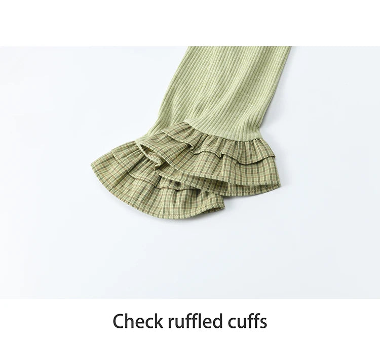 MISHOW Green Plaid Knitted Top 2025 Spring Lotus Leaf Sleeves Tees Slim Long Sleeve Curled Collar Single Breasted Top MXE14Z1152