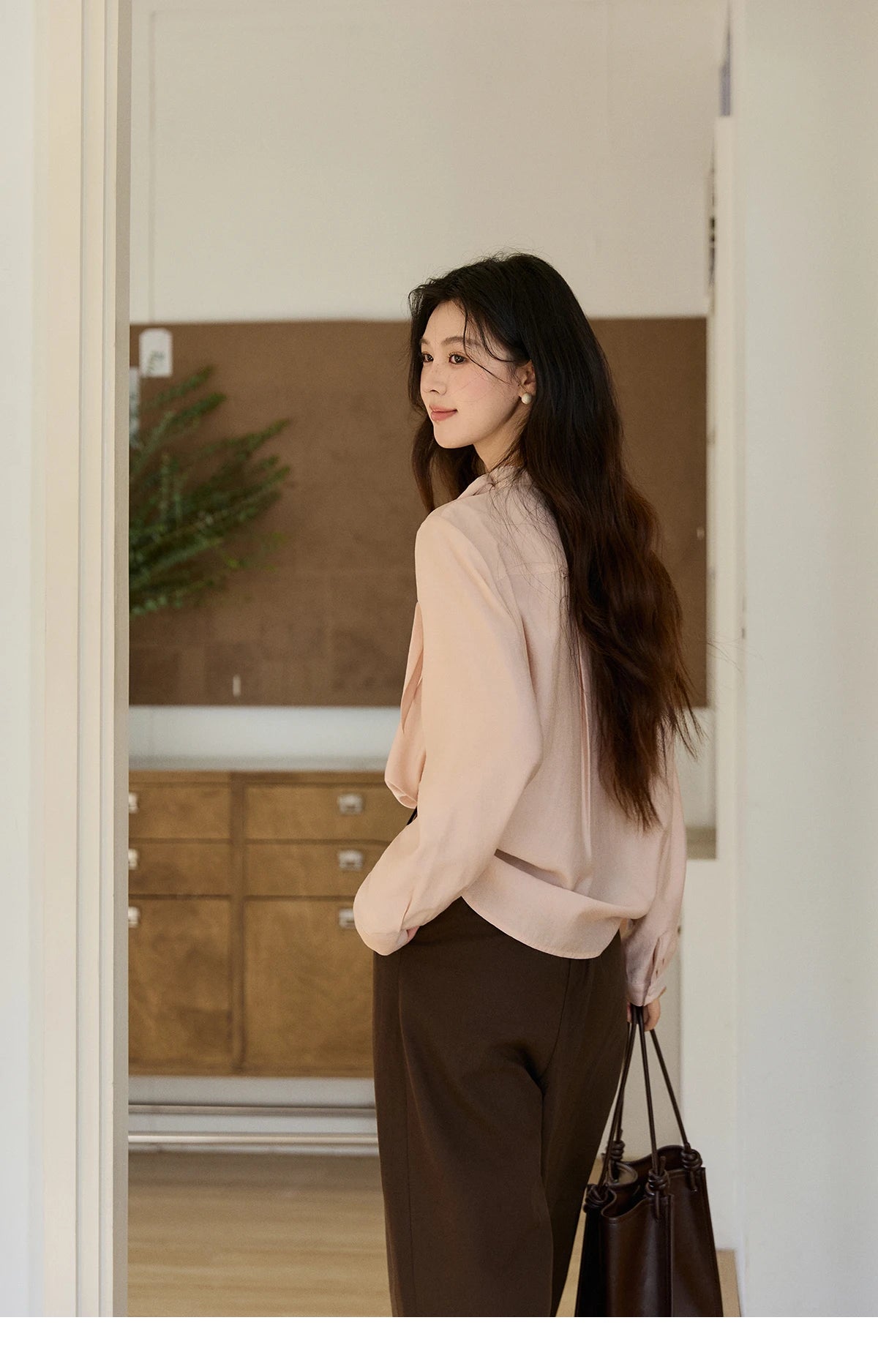 MISHOW Women's Nude Pink Shirt Spring Versatile Ribbon Stand Neck Shirts Button-Down Casual Commute Long Sleeve Top MXE11X2547