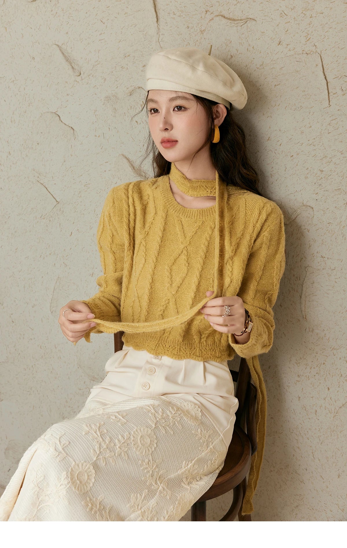 MISHOW Romantic Lace Wave Lace O-neck Knitted Sweater 2024 French Short Top Solid Hollow Elegant Sweater with Belt MPD42Z0736