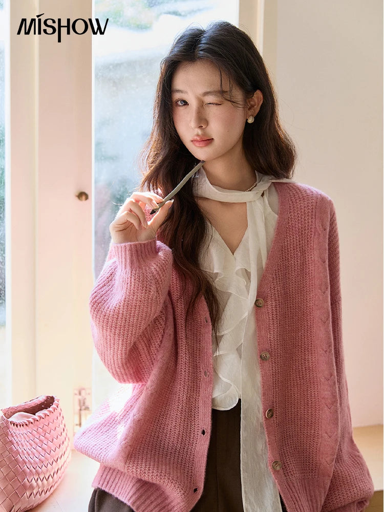 MISHOW Women's Dusty Pink Knitted Cardigan 2026 Spring V-Neck Single Breasted Tops Loose Casual Long Sleeve Outerwear MXF11Z2898