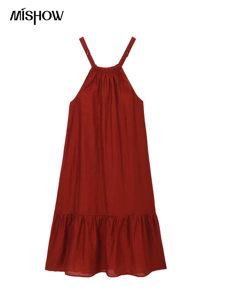 MISHOW Red Linen Strap Midi Dress Summer Sleeveless Casual Vacation Dress Hanging Neck Loose A-LINE Dress (Not A Set) MXE36L2309