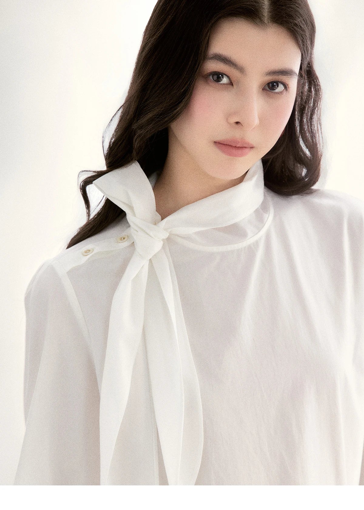 MISHOW Women's White Blouse Spring Bow Tie Neck Lantern Sleeve Patchwork Lace Blouses Casual Elegant Top Office Lady MXF108C0814