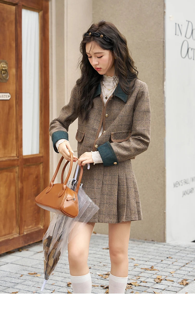 MISHOW Fashion Retro Plaid Coat Half pleated Skirt Separately 2024 Autumn Wool Jacket Retro Skirt Office Lady MXC47W0154