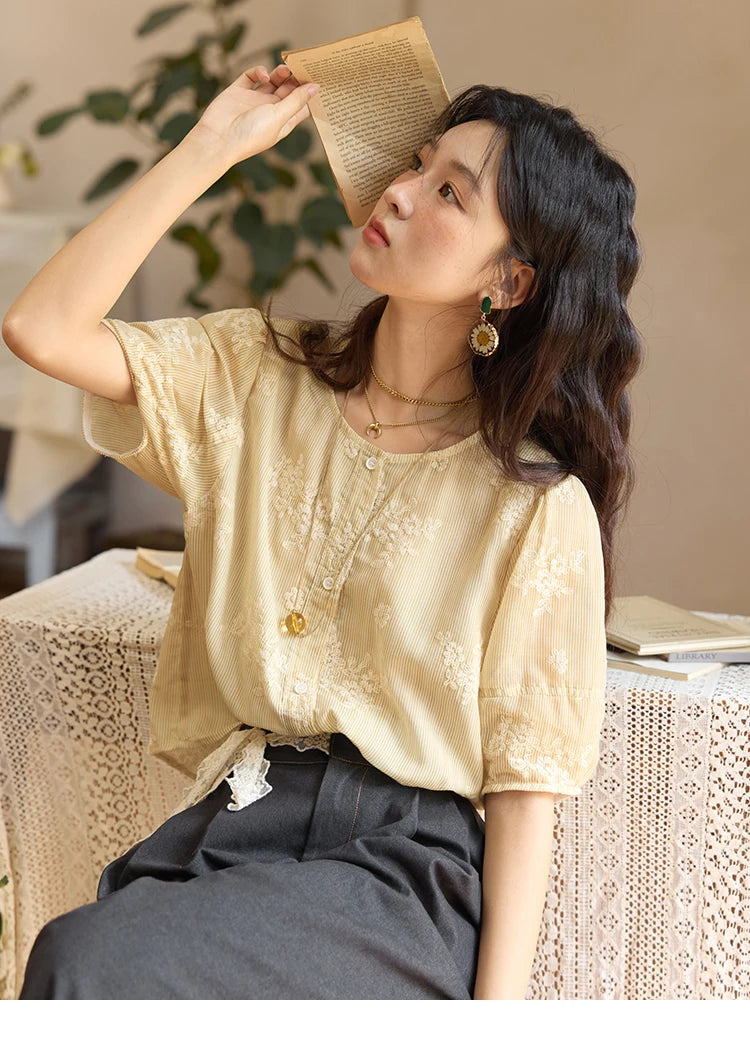 MISHOW French Retro Embroidered Floral Blouse for Women Summer 2025 Round Neck Single Breasted Top Puff Sleeve Blouse MXE36X1874