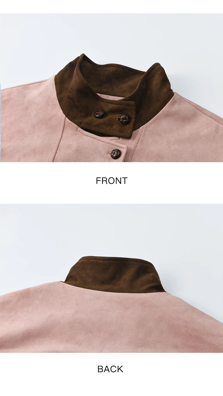 MISHOW Woman Jacket 2025 Autumn French Style Pink Coffee Suede Jacket Contrast Color Stand Collar Loose Short Coat MXE48W0851