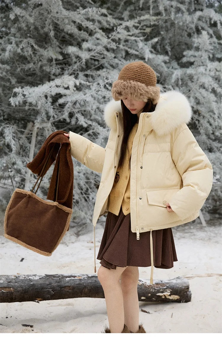 MISHOW Short Lightweight Puffer for Women 2025 Fashion Loose Long-sleeved Down Jacket Detachable Fur Collar Warm Coat MXE87Y0084