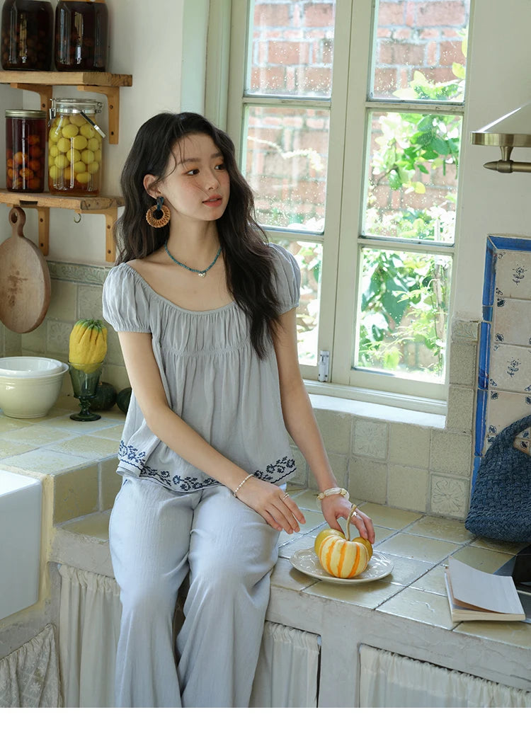 MISHOW Women's Two Piece Set 2025 Summer New Embroidery Flower Round Neck Blouse Fashion Pocket Wide Leg Pants Set MXE39T0669