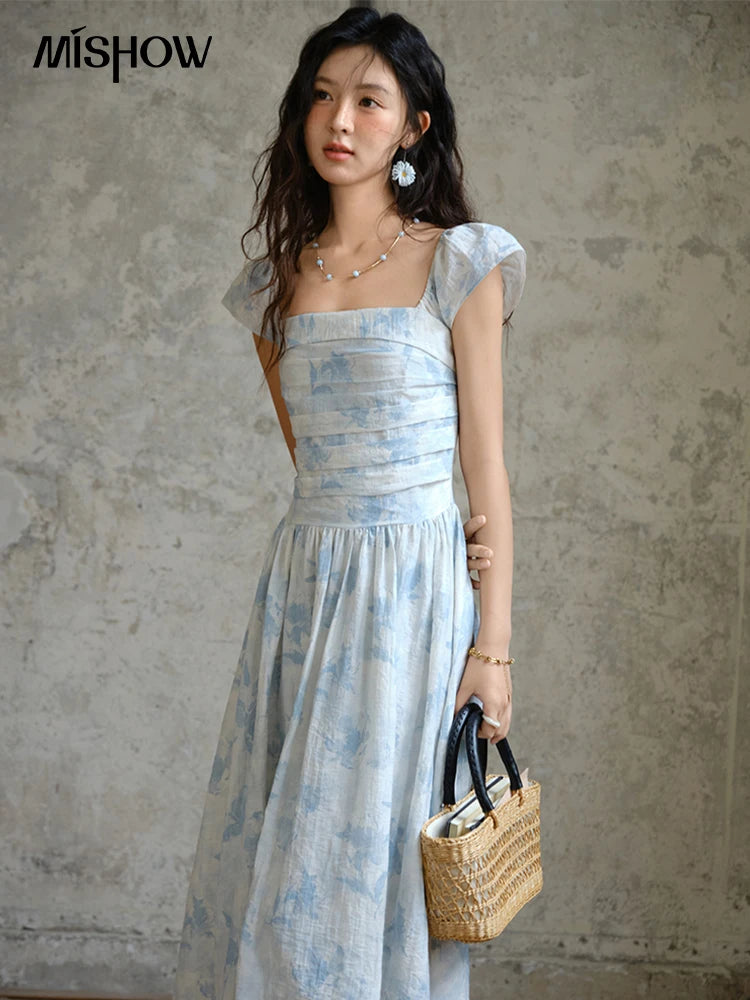 MISHOW Women's Fashion Print Dress 2025 Summer Square Neck Flying Sleeve Vacation High Waist Dresses Women's Clothing MXE35L2274