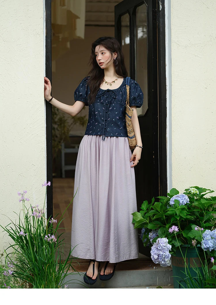 MISHOW Fashion Puff Sleeve Square Neck Blouse for Women 2025 Summer Lace Up Button Print Denim Top Women's Clothing MXE39X1933