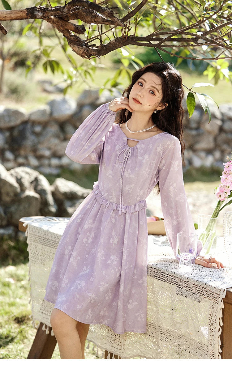 MISHOW Iris Chiffon Dress for Women Spring 2025 Waist Slim Black Fungus Edge Straps Dresses Purple Floral Fairy Dress MXE13L2095