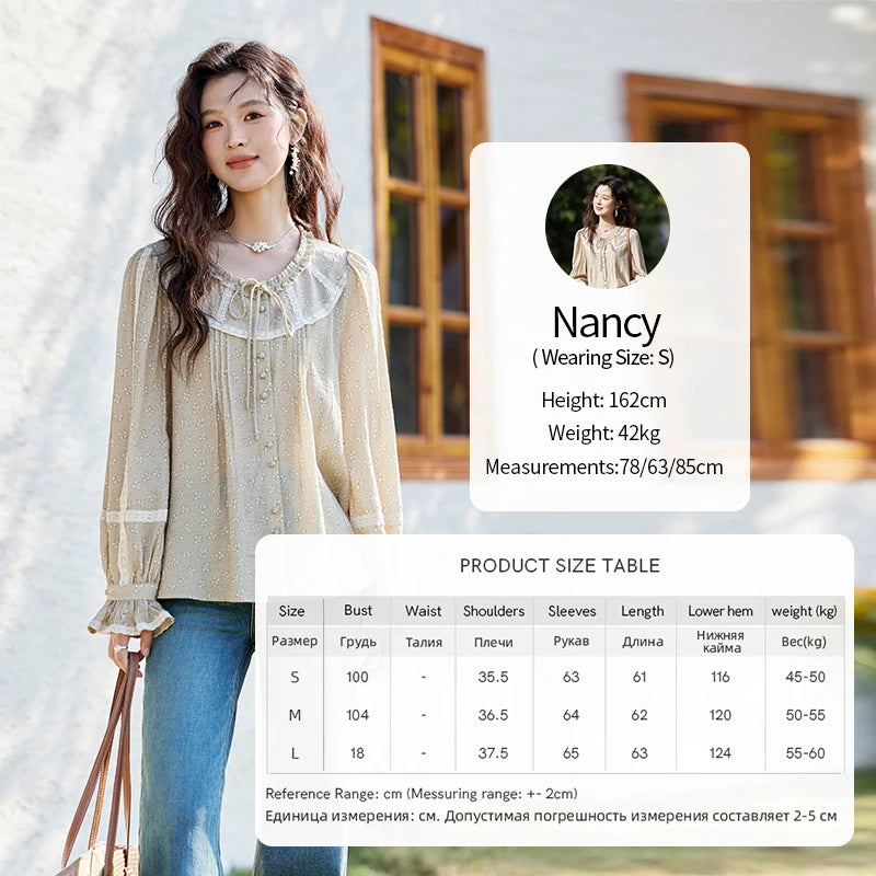 MISHOW Women's Floral Round Neck Shirts 2025 Spring Ruffled Collar Commuting Top Sweet Petal Sleeve Lace-up Shirts MXE14X1729