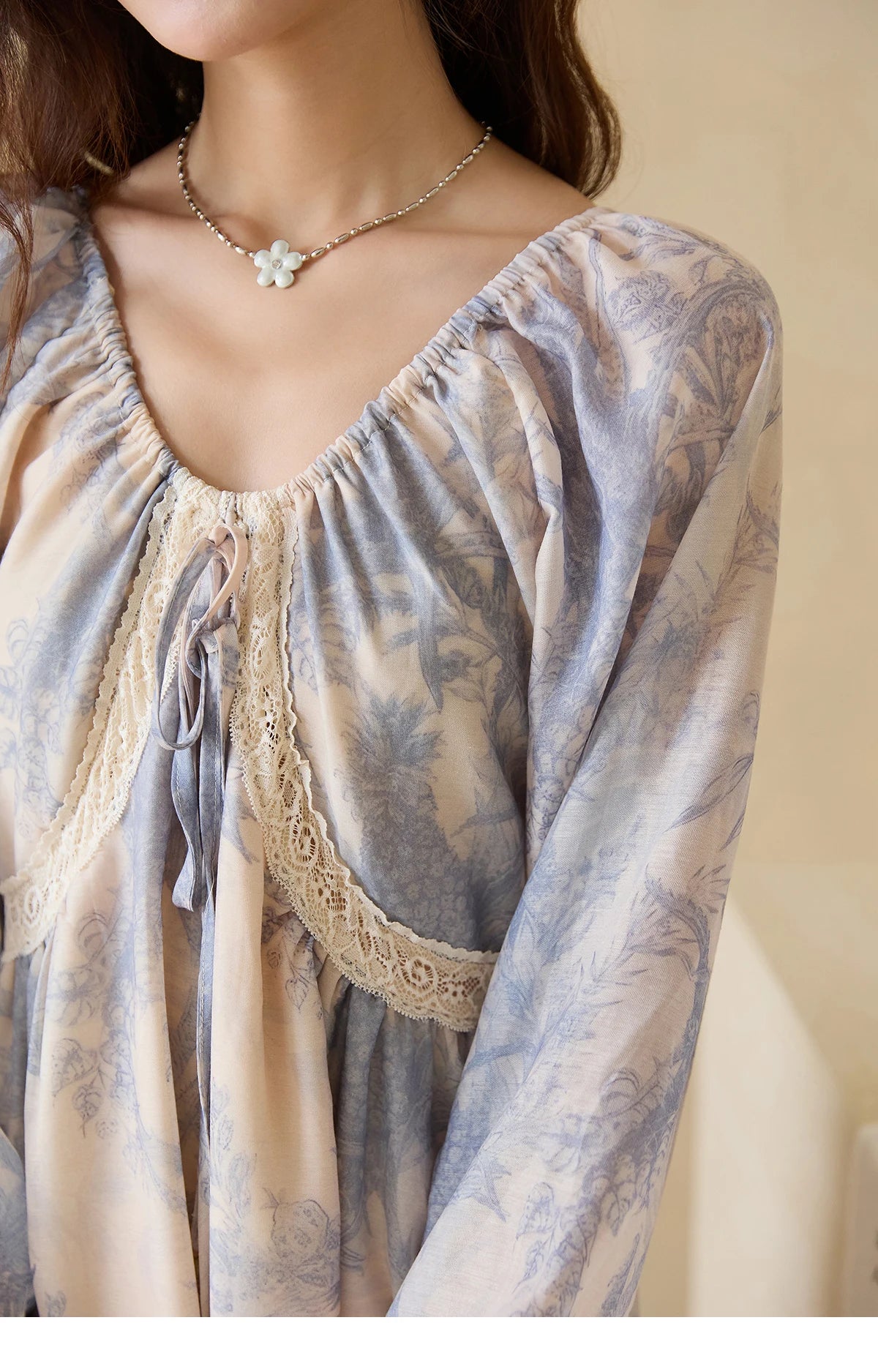 MISHOW Woman Elegant Dress 2025 Autumn Romantic Blue Floral Dress Lace Panel Drawstring A-line Long Dress Autumn MXE45L2507